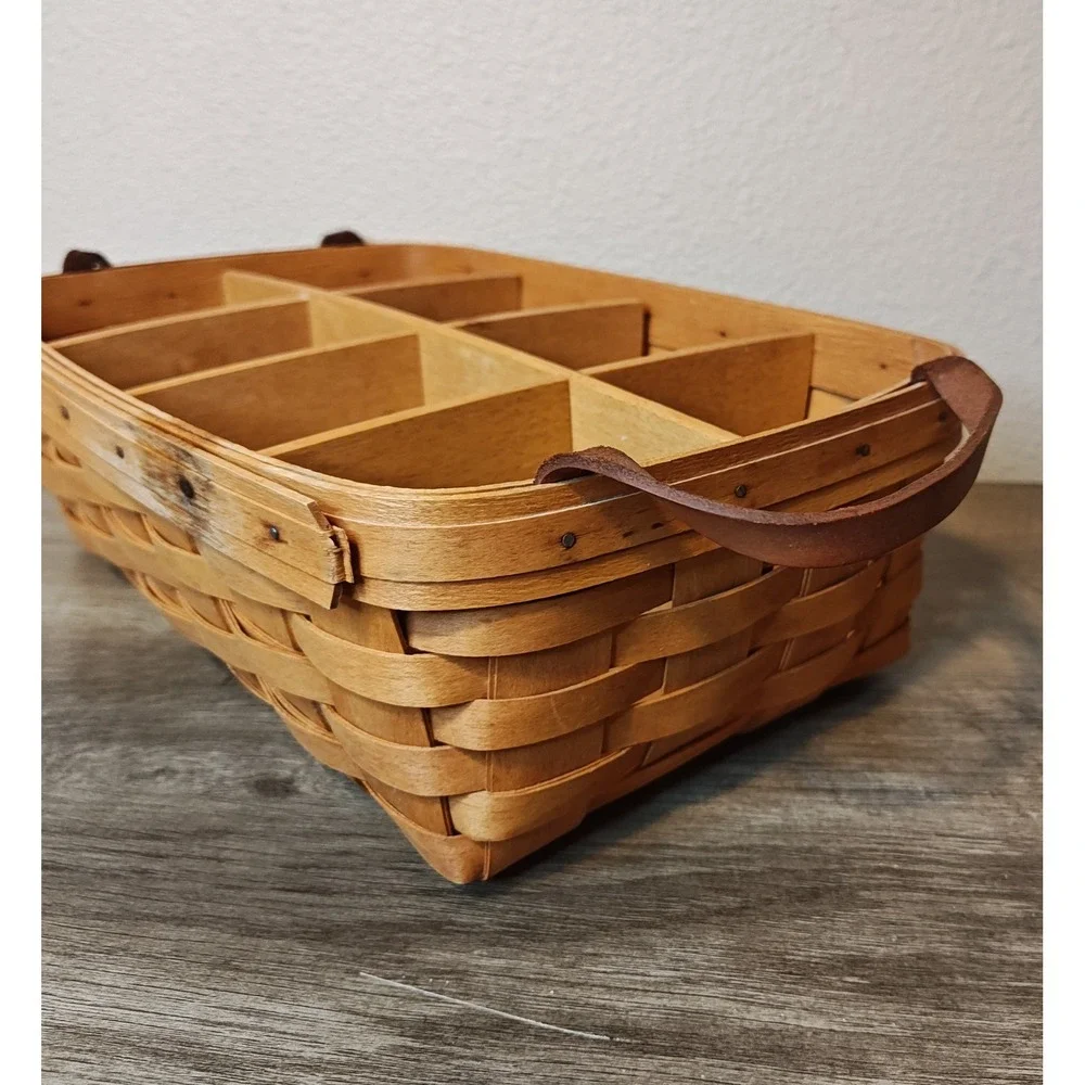Longaberger 1995 Storage Solutions‎ Woven Wood Basket 8 Leather Handles Signed